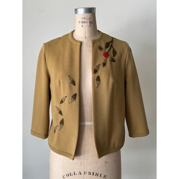 1960s Avocado Green Embroidered Cardigan - Picture 1 of 3